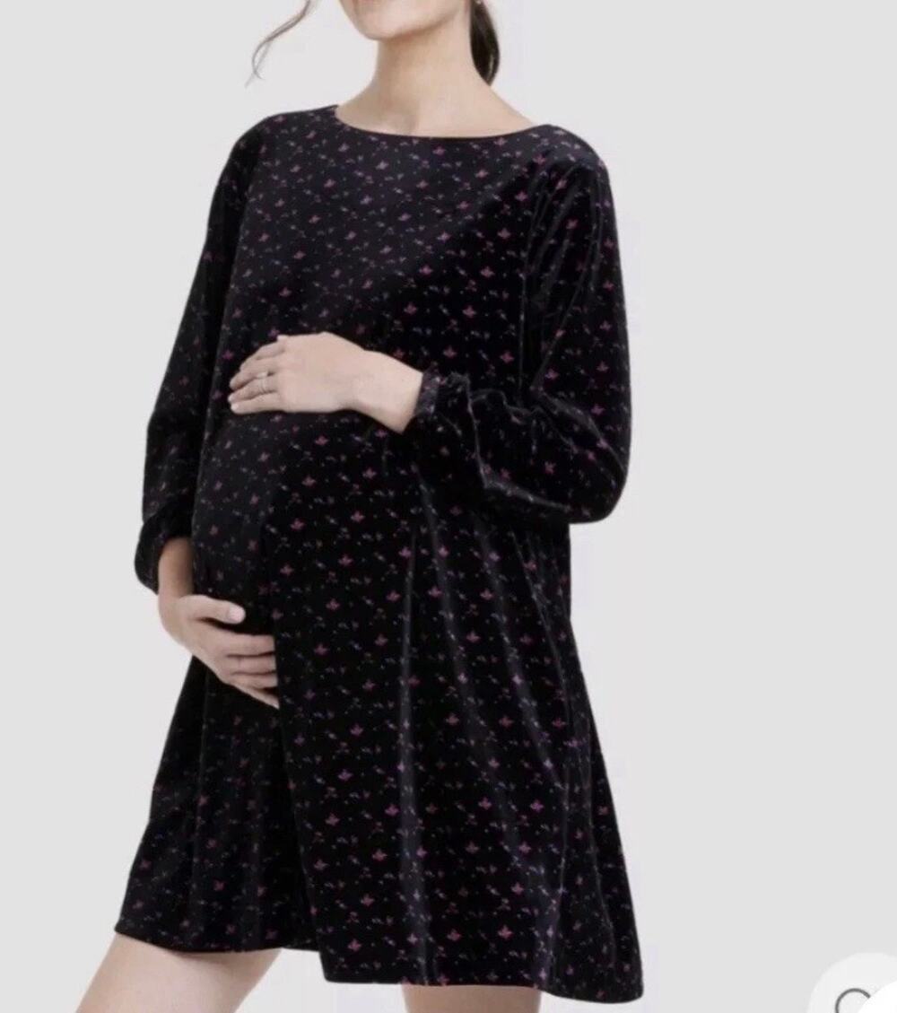 The Nines by HATCH Maternity Velvet Floral Mini Dress Small Black Pink